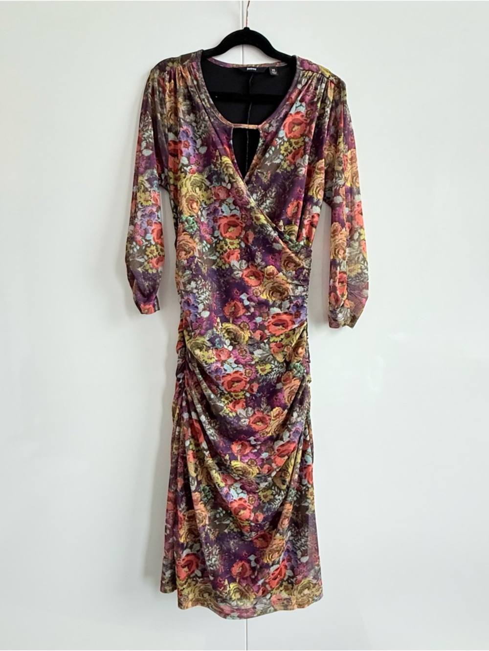 Betabrand Floral Ruched Mesh Bodycon Midi Dress